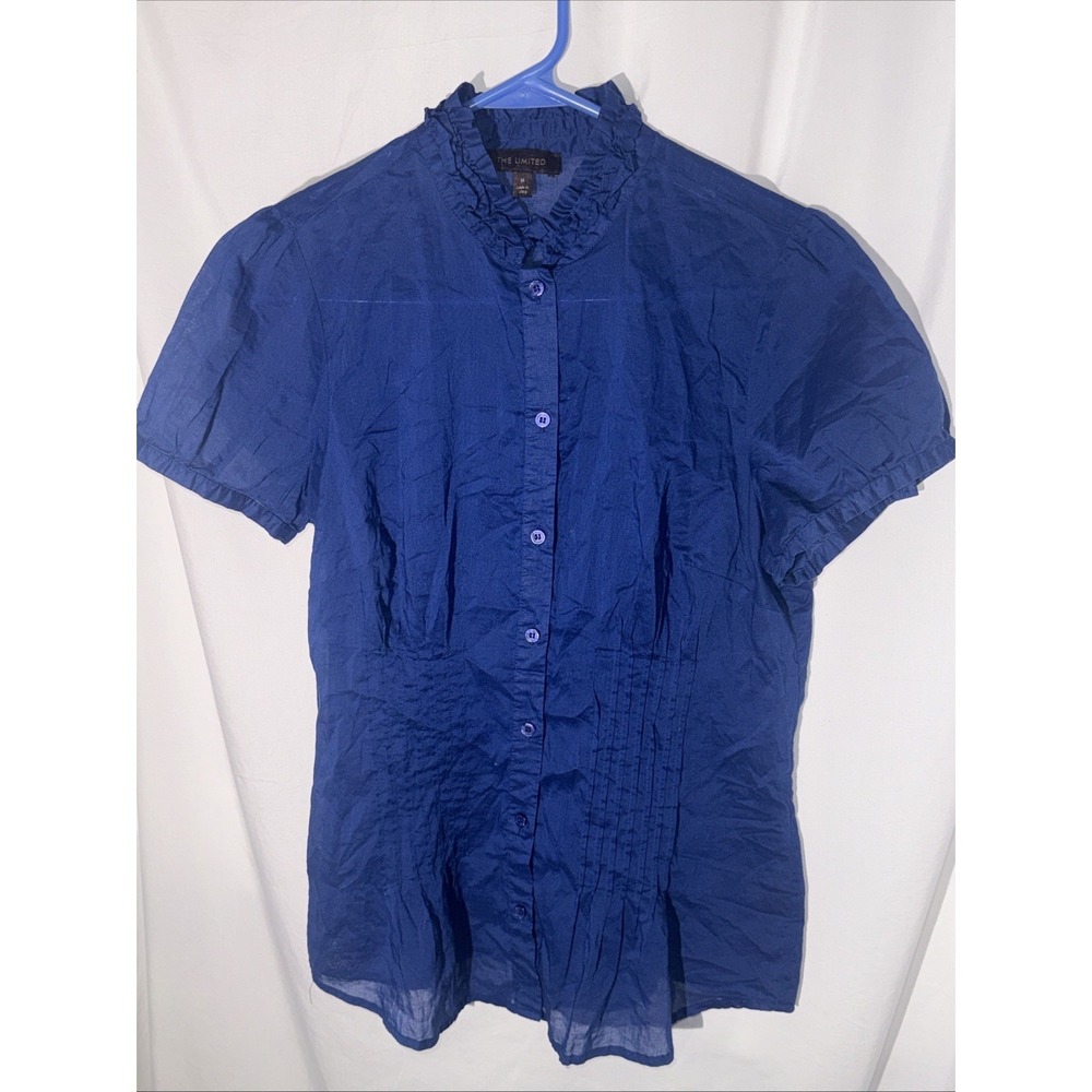 The Limited Women's Navy cap Sleeve Button Up Ruffle Collared Top Size M